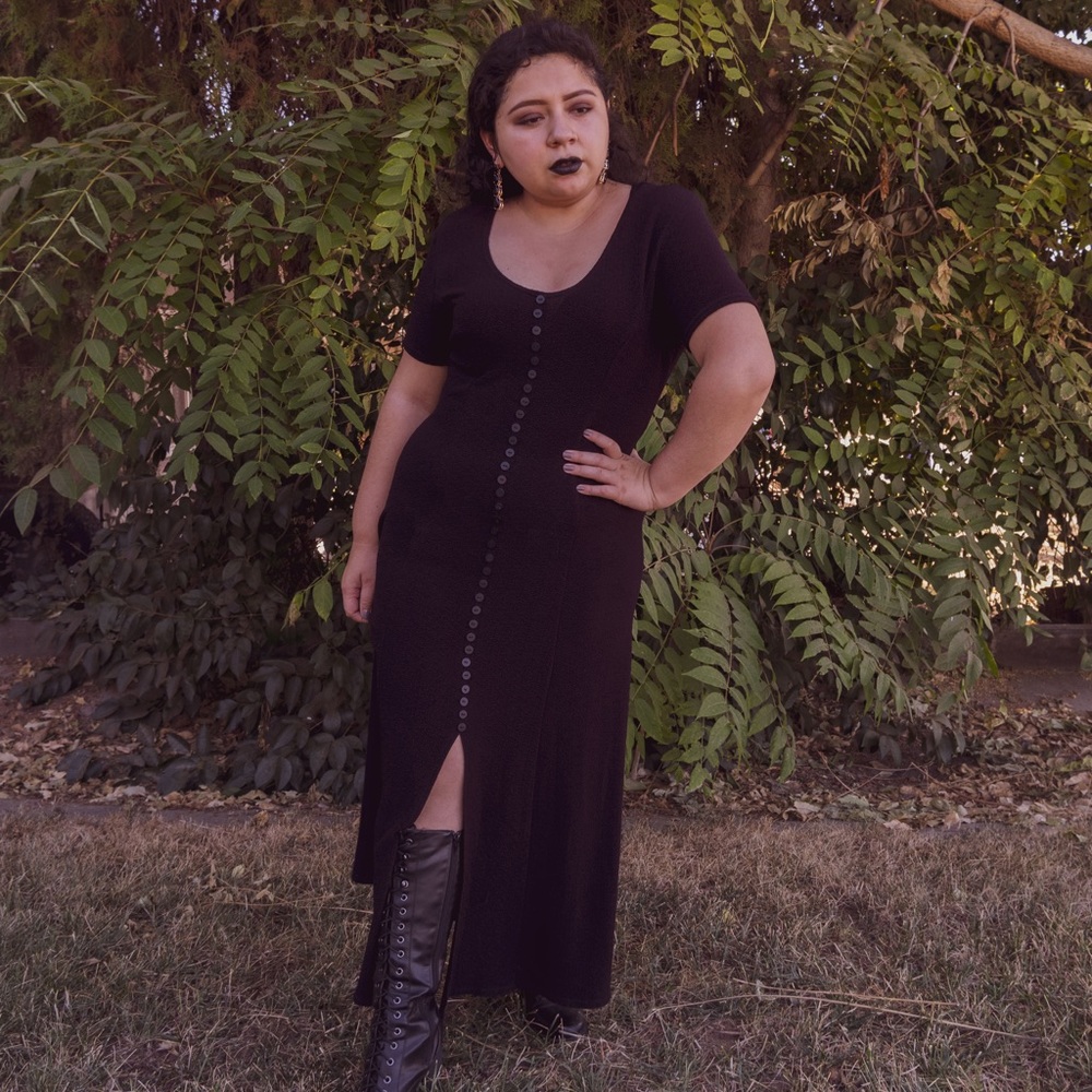 90s maxi button black dress